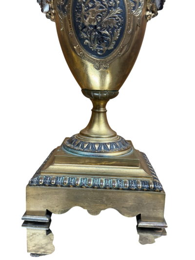 FRENCH 19TH CENTURY SATYR FACE DECORATED BRONZE URNS WITH HANDLES