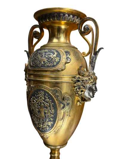 FRENCH 19TH CENTURY SATYR FACE DECORATED BRONZE URNS WITH HANDLES