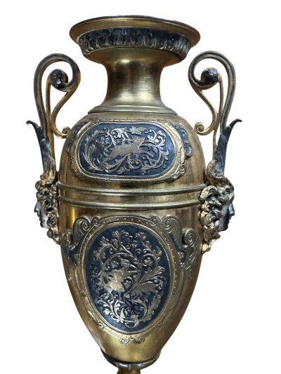 FRENCH 19TH CENTURY SATYR FACE DECORATED BRONZE URNS WITH HANDLES