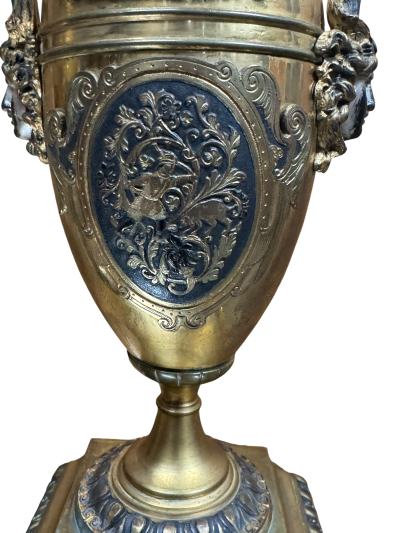 FRENCH 19TH CENTURY SATYR FACE DECORATED BRONZE URNS WITH HANDLES