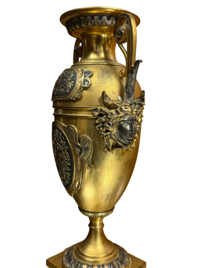 FRENCH 19TH CENTURY SATYR FACE DECORATED BRONZE URNS WITH HANDLES
