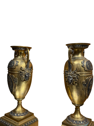 FRENCH 19TH CENTURY SATYR FACE DECORATED BRONZE URNS WITH HANDLES