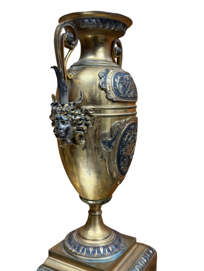FRENCH 19TH CENTURY SATYR FACE DECORATED BRONZE URNS WITH HANDLES