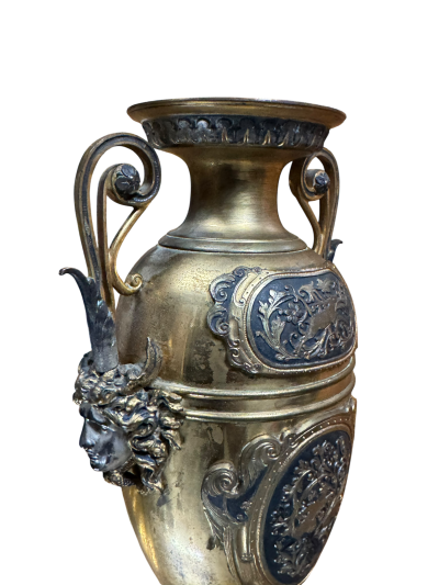 FRENCH 19TH CENTURY SATYR FACE DECORATED BRONZE URNS WITH HANDLES