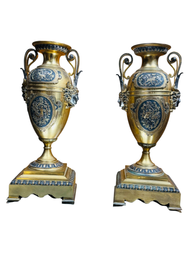FRENCH 19TH CENTURY SATYR FACE DECORATED BRONZE URNS WITH HANDLES