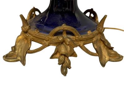 FRENCH ANTIQUE DARK BLUE PORCELAIN DORE BRONZE FLOWERY TENDRILS BASE LAMPS