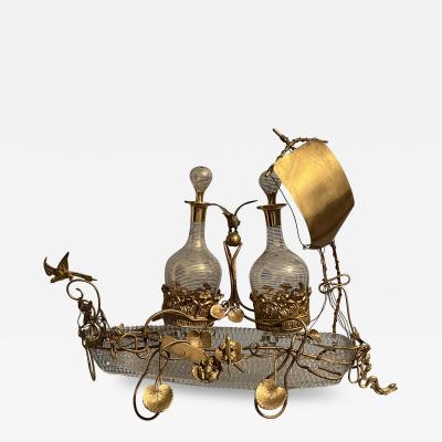 FRENCH ANTIQUE GILT BRONZE SHIP LIQUOR CENTERPIECE DECORATED WITH FLORA FAUNA