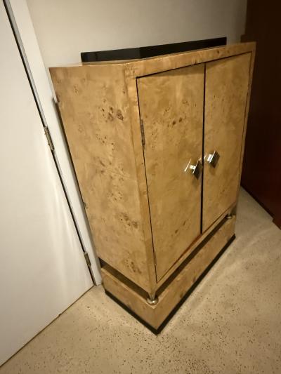 FRENCH ART DECO BURLWOOD BLACK ACCENT CABINET WITH NICKELED BRONZE HARDWARE