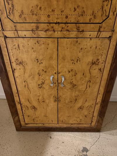 FRENCH ART DECO BURLWOOD CABINET WITH STYLIZED WOMAN WALKING PANTHER CABINET