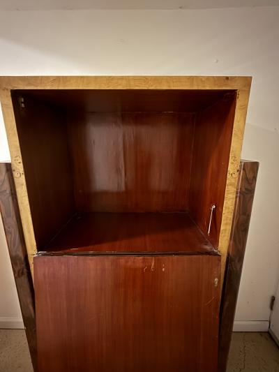 FRENCH ART DECO BURLWOOD CABINET WITH STYLIZED WOMAN WALKING PANTHER CABINET