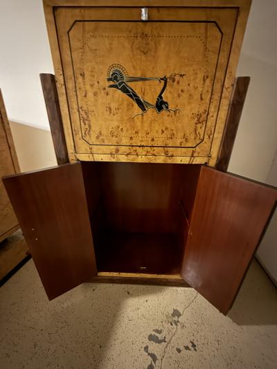 FRENCH ART DECO BURLWOOD CABINET WITH STYLIZED WOMAN WALKING PANTHER CABINET