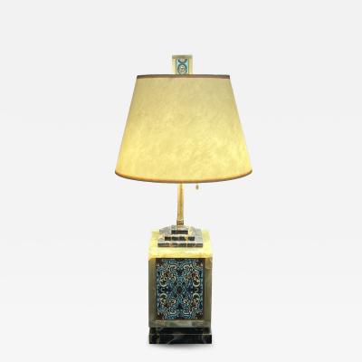FRENCH ART DECO CHAPLEVE ONYX AND BLACK MARBLE LAMP WITH MATCHING FINIAL