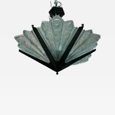 FRENCH ART DECO NICKELED BRONZE AND MOLDED GLASS CHANDELIER