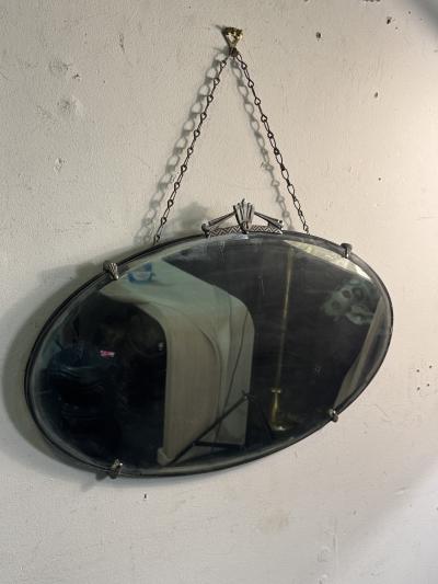 FRENCH ART DECO OVAL NICKELED BRONZE FRAMED MIRROR