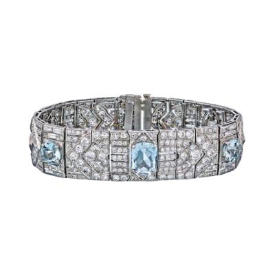 FRENCH ART DECO PLATINUM AQUA AND DIAMOND BRACELET