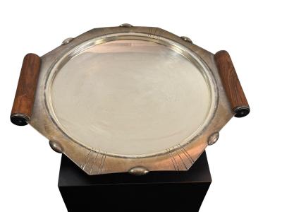 FRENCH ART DECO SILVERPLATE ROSEWOOD BALL HANDLES TAZZA