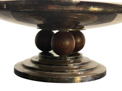 FRENCH ART DECO SILVERPLATE ROSEWOOD BALL HANDLES TAZZA