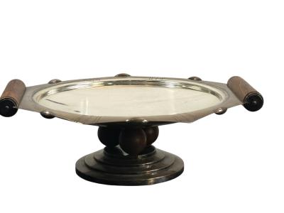 FRENCH ART DECO SILVERPLATE ROSEWOOD BALL HANDLES TAZZA