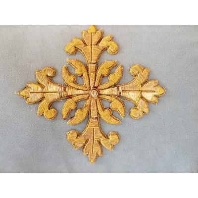 FRENCH ECCLESIASTICAL EMBROIDERED METALLIC CROSS APPLIQUE ON CUSTOM DOWN PILLOW