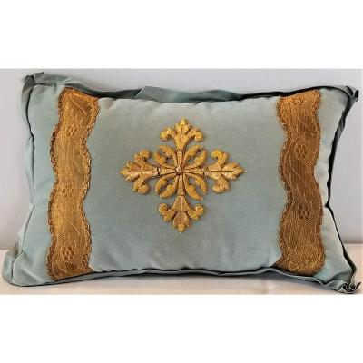 FRENCH ECCLESIASTICAL EMBROIDERED METALLIC CROSS APPLIQUE ON CUSTOM DOWN PILLOW