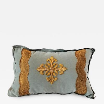 FRENCH ECCLESIASTICAL EMBROIDERED METALLIC CROSS APPLIQUE ON CUSTOM DOWN PILLOW