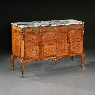 FRENCH GILT BRONZE MOUNTED TULIPWOOD AND KINGWOOD MARBLE TOPPED COMMODE