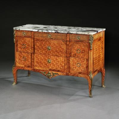 FRENCH GILT BRONZE MOUNTED TULIPWOOD AND KINGWOOD MARBLE TOPPED COMMODE