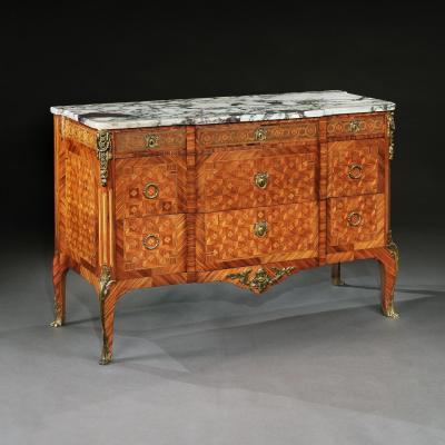 FRENCH GILT BRONZE MOUNTED TULIPWOOD AND KINGWOOD MARBLE TOPPED COMMODE
