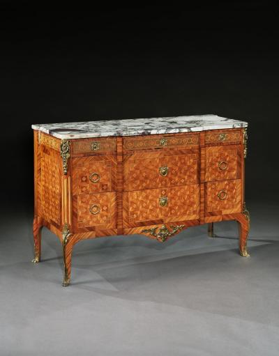 FRENCH GILT BRONZE MOUNTED TULIPWOOD AND KINGWOOD MARBLE TOPPED COMMODE