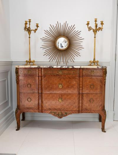 FRENCH GILT BRONZE MOUNTED TULIPWOOD AND KINGWOOD MARBLE TOPPED COMMODE
