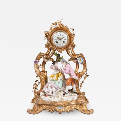 FRENCH LOUIS XV STYLE GILT BRONZE AND PORCELAIN MANTEL CLOCK 19TH CENTURY