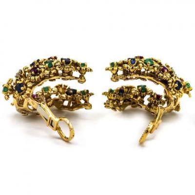 FRENCH MULTICOLOR 18K YELLOW GOLD GEMSTONE DIAMOND CLIP ON TREMBLANT EARRINGS