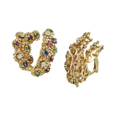 FRENCH MULTICOLOR 18K YELLOW GOLD GEMSTONE DIAMOND CLIP ON TREMBLANT EARRINGS