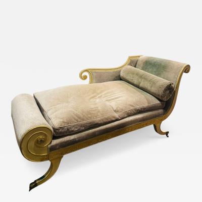 FRENCH NEOCLASSICAL CREAM GOLD GREEK KEY EDGED CHAISE LOUNGE BRONZE CLAW FEET
