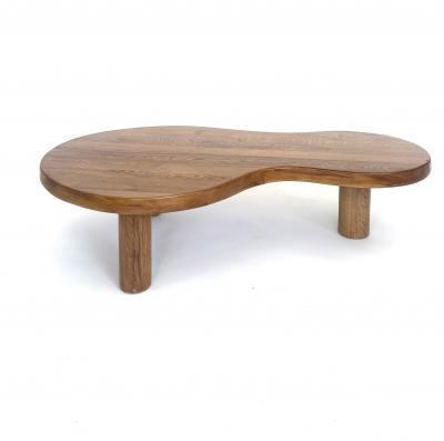 FRENCH OAK FREEFORM ORGANIC MODERN LOW COFFEE TABLE WITH MASSIVE COLUMN LEGS