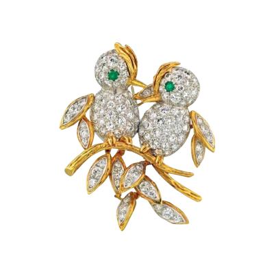 FRENCH PLATINUM 18K YELLOW GOLD BIRDS ON BRANCH DIAMOND BROOCH