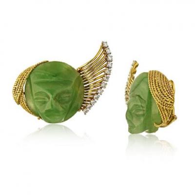 FRENCH PLATINUM 18K YELLOW GOLD CARVED JADE FACES CLIP ON EARRINGS