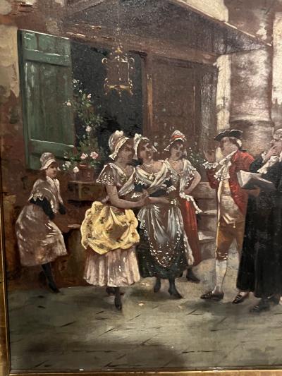 FRENCH VILLAGE SQUARE WITH MILITARY AND MAIDS OIL PAINTING ON BOARD