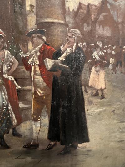 FRENCH VILLAGE SQUARE WITH MILITARY AND MAIDS OIL PAINTING ON BOARD