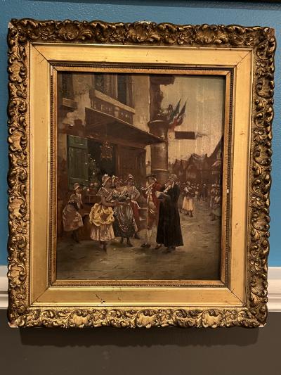 FRENCH VILLAGE SQUARE WITH MILITARY AND MAIDS OIL PAINTING ON BOARD