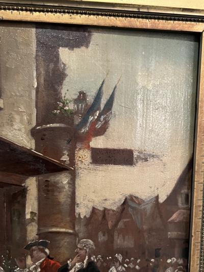 FRENCH VILLAGE SQUARE WITH MILITARY AND MAIDS OIL PAINTING ON BOARD
