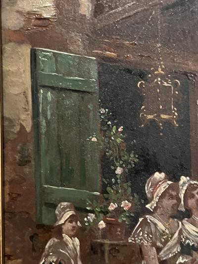 FRENCH VILLAGE SQUARE WITH MILITARY AND MAIDS OIL PAINTING ON BOARD