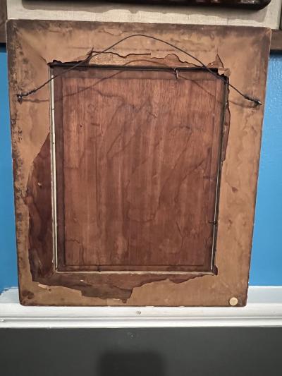 FRENCH VILLAGE SQUARE WITH MILITARY AND MAIDS OIL PAINTING ON BOARD