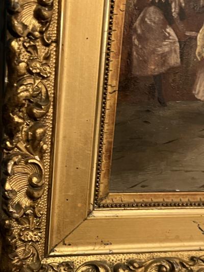 FRENCH VILLAGE SQUARE WITH MILITARY AND MAIDS OIL PAINTING ON BOARD