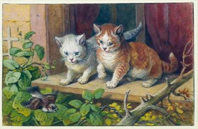 FRIEDRICH SPECHT FRIEDRICH SPECHT GERMAN 1839 1909 TWO KITTENS WATCHING A SPARROW