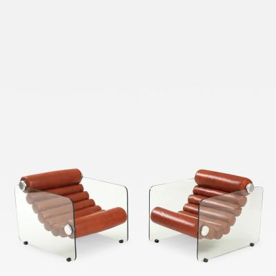 Fabio Lenci Pair of Hyaline Leather and Glass Chain Chairs by Fabio Lenci for Stendig