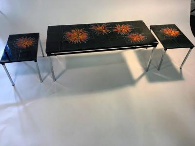 Fabulous Flower Power Italian Tile Coffee Table and Pair of End Tables