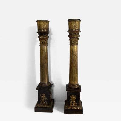 Fabulous Grand Tour Pair of Column Bronze Lamps as Objects CIRCA 1820
