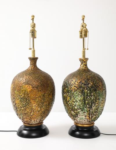 Fabulous Pair of Large Ceramic Lamps with a Volcanic Lava Drip Glaze Finish