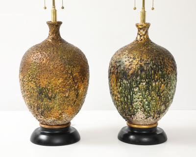 Fabulous Pair of Large Ceramic Lamps with a Volcanic Lava Drip Glaze Finish